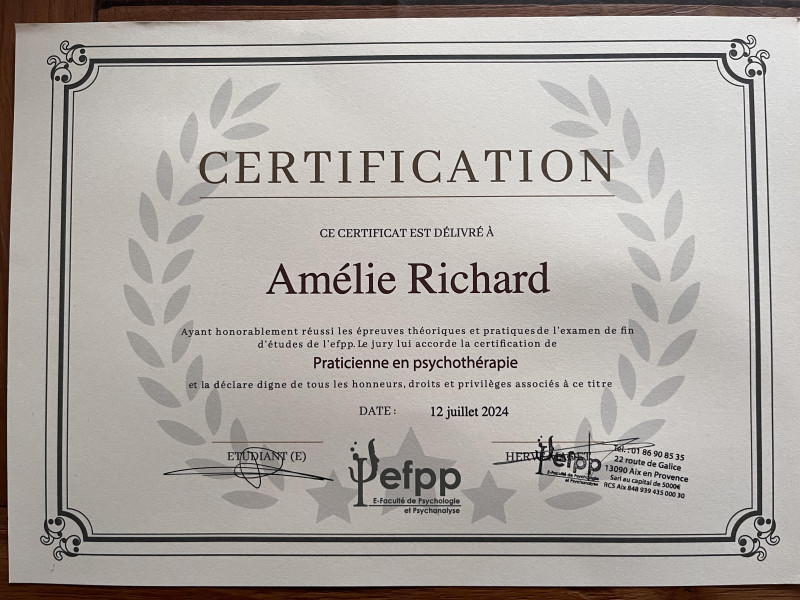 certificat de praticienne en psychothérapie